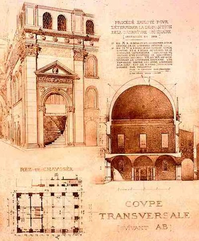 Půdorys, řez a pohled na lodžii nebo Palazzo del Commune, Brescia, Itálie, z „Fragments d