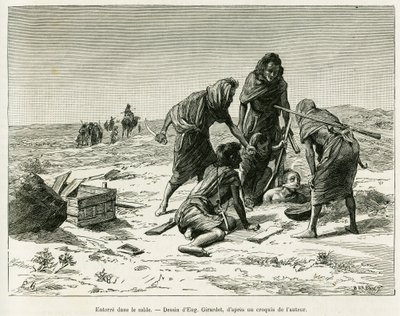 Zahrabat do písku. Rytina Eugena Girardeta k ilustraci příběhu Pět měsíců v nomádských vřesovištích Západní Sahary v roce 1887 od Camille Doulsové, v le tour du monde 1888, pod vedením Edouarda Chartona (1807-1890), Hachette, Paříž. od Eugene Alexis Girardet
