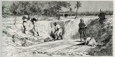 Vykopávky na křesťanském hřbitově v Lamtě s oběma misemi. Rytina od Eug.Girardeta pro ilustraci příběhu „Cesta do Tuniska“, od Rene Cagnat od Eugene Alexis Girardet