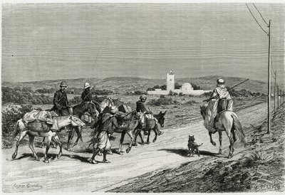 Náš přívěs se pohybuje. Vyryl Eugene Girardet pro ilustraci příběhu „Voyage en Tunisie““, historik Rene Cagnat (1852-1937) a architekt Henri Saladin (1851-1923), pověřený v letech 1882-1883 Ministerstvem veřejného vyučování. Publikováno i od Eugene Alexis Girardet