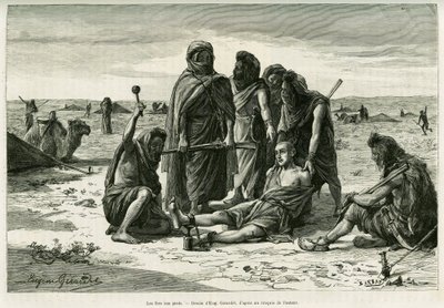 Vůle jde na nohy. Rytina Eugena Girardeta pro ilustraci příběhu Cinq mois chez les moures nomades du Sahara occidental, v roce 1887, od Camille Douls, v le tour du monde 1888, pod vedením Edouarda Chartona (1807-1890), Hachette, Paříž. od Eugene Alexis Girardet