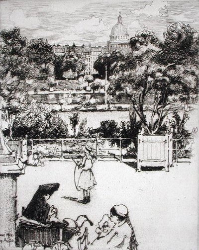 Pařížský park, z knihy "Du Ier au XXeme: Les Arondissements de Paris...", vydáno 1903 (lept) od Eugene Bejot
