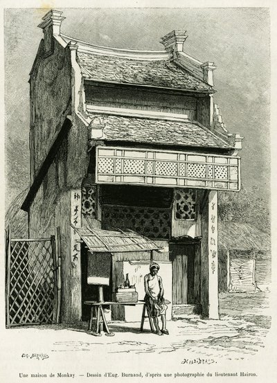 Monkayův dům. Rytina Eugena Burnanda, k ilustraci příběhu Sur les frontières du Tonkin, od doktora P. Neisse, in le tour du monde 1888, režie Edouard Charton (1807-1890), Hachette, Paříž. od Eugene Burnand