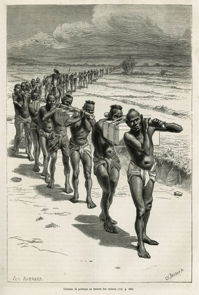 Sloup nosičů přes rýžová pole, mezi Bassac a Hue, vyleptaný podle kresby Eugena Burnanda, k ilustraci příběhu o Laosu a divokých populacích Indočíny, od Dr. Harmanda, v roce 1877, publikovaný v tour du monde, pod přímý od Eugene Burnand