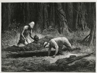 Dr. Harmand a jeho pomocník Annamite, provádějící tajné exhumace Khasových pohřbů, v Attopeu (Laos), rytina Eugena Burnanda, k ilustraci příběhu Laosu a divokých populací Indočíny od Dr. Harmanda, v roce 1877, zveřejněno v prohlídce du od Eugene Burnand