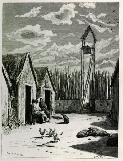Misionářské náměstí v Meuong Ngan. Rytina Eugena Burnanda pro ilustraci příběhu „Cesta v Horním Laosu“ z roku 1880 od Dr. P. Neise. Publikováno v Le Tour du monde, nouveau journal des voyages, 2. semestr 1885, editoval Edouard Charton (1807-1890), ed. od Eugene Burnand