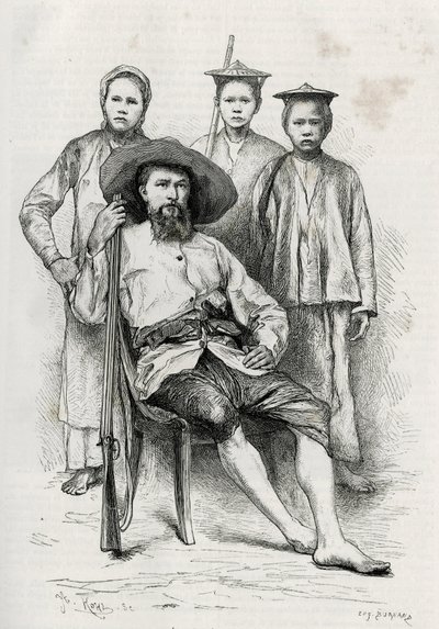 Portrét autora, obklopuje jeho spolucestující. Rytina Eugena Burnanda pro ilustraci příběhu „Cesta v Horním Laosu“ z roku 1880 od Dr. P. Neise. Publikováno v Le Tour du monde, nouveau journal des voyages, 2. semestr 1885, editoval Edou od Eugene Burnand