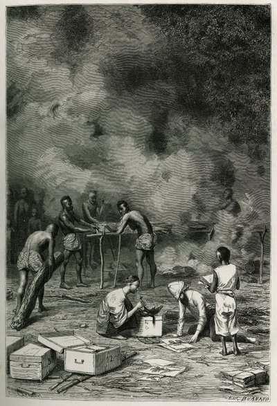 Sušení herbářových rostlin na velkých bambusových hlínách, než je lékař klasifikuje a uloží do svých beden, rytina Eugena Burnanda pro ilustraci příběhu Laosu a divokých populací Indočíny od doktora Harmana, v roce 1877, publikoval od Eugene Burnand