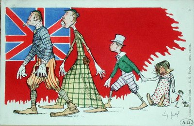 Britská rodina, jak ji vnímají Francouzi, pohlednice (barevné lito) od Eugene Cadel