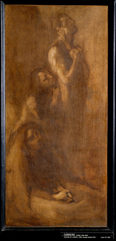 Vzpomínka na Lourdes Pelerins v modlitbě. Obraz Eugene Carriere (1849-1906) 1896 Ne. 0,73x0,35 m Paříž, musee d