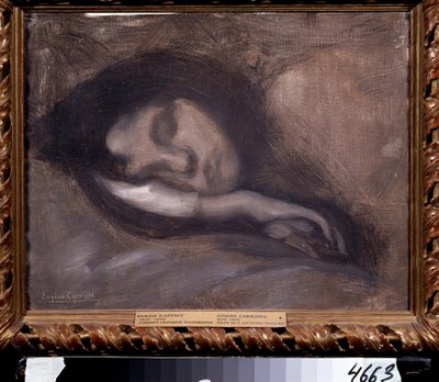 Hlava spící ženy. Obraz Eugene Carriere (1849-1906). Rozměr: 36 x 47 cm. Olej na plátně. Symbolismus. Puškinovo muzeum, Moskva od Eugène Carrière