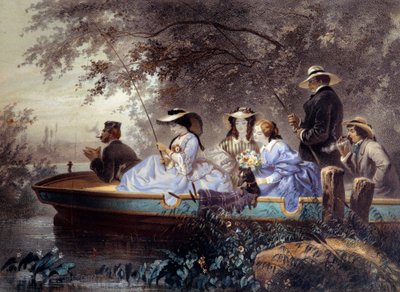 Neděle s rodinou, rybaření v řece Litografie Eugena Guerarda (1821-1866) Paříž 19. století, Musee Carnavalet od Eugene Charles Francois Guerard