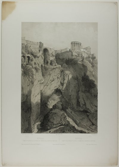 Tivoli: Chrámy Vesty a Sibyly a ruiny Neptunské jeskyně, deska devatenáctá z Italie Monumentale et Pittoresque od Eugene Ciceri