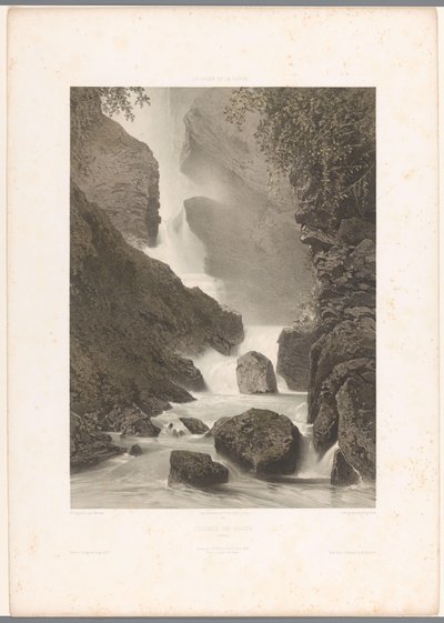 Pohled na vodopád Chède Cascade de Chède (název na objektu) La Suisse et la Savoie (název série) Tváře ve Švýcarsku a Savojsku (název série na objektu) od Eugene Ciceri