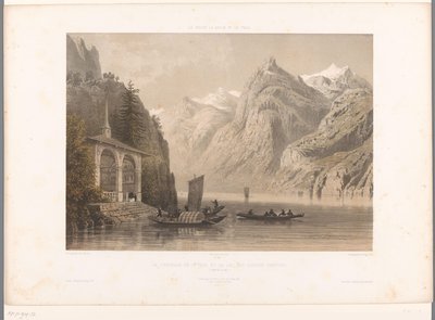 Pohled na kapli Tells na jezeře Lucerne La Chapelle de G.me Tell et le lac des Quatre-Cantons (název na objektu) Památky ve Švýcarsku, Savojsku a Tyrolsku (název série) La Suisse, la Savoie et le Tyrol (název série na objektu) od Eugene Ciceri