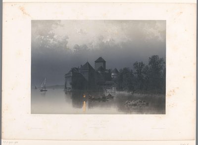 Pohled na hrad Chillon na Ženevském jezeře Château de Chillon (název na objektu) Tváře ve Švýcarsku a Savoy (název série) La Suisse et la Savoie (název série na objektu) od Eugene Ciceri