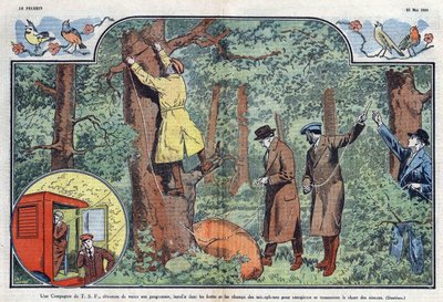 A T.S.F. společnost instaluje v lesích a na polích mikrofony pro záznam a přenos ptačího zpěvu. Ilustrace Damblans v „“Le Pelerin““ z 21. května 1933. od Eugene Damblans