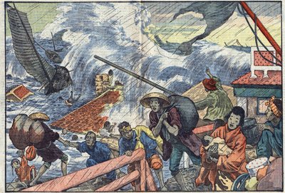 Maree raz a tajfun zasáhly Japonsko. Ilustrace Damblans. V „“Le Pelerin““ 2. října od Eugene Damblans