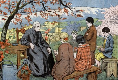 Kněz a budoucí mladí lidé, kteří se chystají přijmout své přijímání, v zahradě, kresba Damblans z papíru "Le Pelerin" 17. od Eugene Damblans