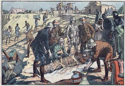 Anglická mise, pověřená hrabětem Byronem de Prorok (1896-1954), archeologem, objevila hrobku Tin-Hahan v Hoggaru. Ilustrace Damblans. V „Le Pelerin“ z 20. prosince 1925. od Eugene Damblans
