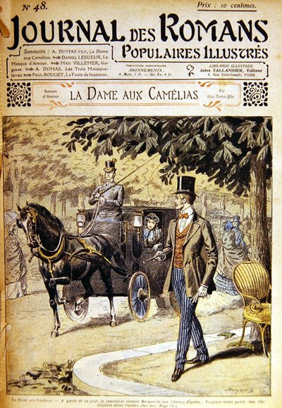 Armand potkává Markétu na Champs-Elysées, ilustrace k "La Dame aux Camelias" od A. Dumase fils v "Journal des Romans". od Eugene Damblans