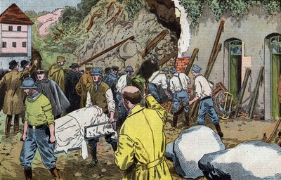 Tělo amerického generála Dunlopa je mrtvé, protože zachránil paní Briantovou při zřícení hospodářských budov zámku Fariniere (Francie), kresba Damblans z francouzského papíru "Le Pelerin" 7. června od Eugene Damblans