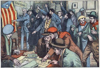 Katalánští separatisté připravují své spiknutí v Paříži. Ilustrace Damblans. V „Le Pelerin“ z 28. listopadu od Eugene Damblans