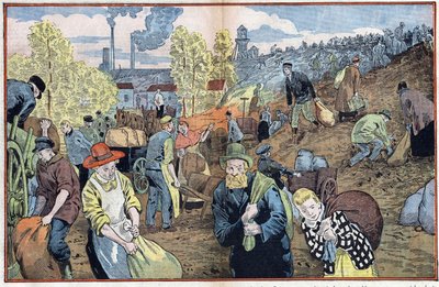 Lovci hledají kusy uhlí mezi kameny vytěženými z dolů, aby se během zimy zahřáli. Oblast Rhu, Německo. Ilustrace Damblans. V „“Le Pelerin““ ze 4. října od Eugene Damblans