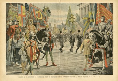 Ilustrace Eugene Damblans (1865-1945) v Le Pelerin, 06.08.05 - U příležitosti 70. výročí belgické nezávislosti putují velkolepé historické průvody městem Brusel - Belgie, Historie, Vlajky, Brusel, Commemoratio od Eugene Damblans