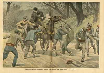 Ilustrace Eugene Damblans (1865-1945) v Le Pelerin, 31/01/04 - Zemědělští grevisté napadli správce nemovitosti M. Sere de Riviere - Sociální, Různá fakta, Greve, Doprava, Zemědělství, Les, Caleche Fiacre Cab - Dělník, Koně, od Eugene Damblans