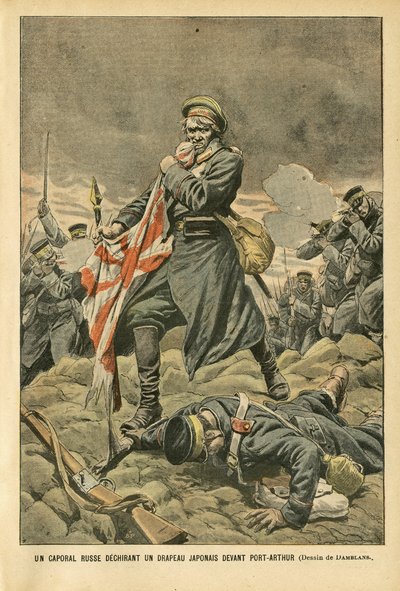 Ilustrace Eugene Damblans (1865-1945) v Le Pelerin, 01.01.05 - Ruský desátník trhající japonskou vlajku před Port Arthurem - Rusko, Japonsko, Port Arthur, Rusko-japonská válka, Boj, Pušky - Vojáci, Desátník od Eugene Damblans
