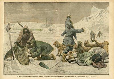 Ilustrace Eugene Damblans (1865-1945) v Le Pelerin, 2. 4. 2005 - Ruská mise Klotchak objeví na cestě k severnímu pólu dopis potvrzující nešťastnou ztrátu expedice Mýto - Severní a Jižní pól, Polární expedice, Led, Sáňkařská dráha od Eugene Damblans