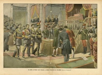 Ilustrace Eugene Damblans (1865-1945) v Le Pelerin, 03.04.04 - V Japonsku Mikado předsedající zahajovacímu zasedání parlamentu - Japonsko, Sněmovna reprezentantů Hemicycle, Mikado, Vnitřní architektura - Mikado od Eugene Damblans