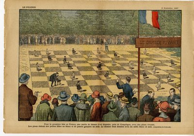 Ilustrace Eugene Damblans (1865-1945) v Le Pelerin, 04/09/27 - Poprvé ve Francii hra dam... Živá šachovnice - hra, koníčky, dav, dáma od Eugene Damblans