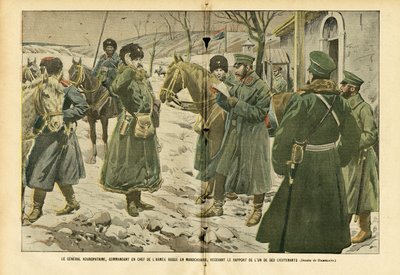 Ilustrace Eugene Damblans (1865-1945) v Le Pelerin, 5.3.2005 - Generál Kuropatkin, vrchní velitel ruské armády v Mandžusku, přijímá hlášení jednoho ze svých poručíků - Rusko, Armea, Mandžusko, Rus -Japonská válka, sníh - generál od Eugene Damblans