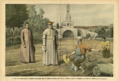 Ilustrace Eugene Damblans (1865-1945) v Le Pelerin, 20.8.2005 - Svatý otec při každodenní procházce v zahradách Vatikánu, nedaleko kaple postavené na počest Panny Marie Lurdské - Náboženství Víra, Zemědělství, Vatikán, katol od Eugene Damblans