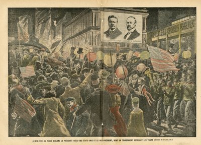 Ilustrace Eugene Damblans (1865-1945) v Le Pelerin, 20. 11. 04 - V New Yorku dav povzbuzuje znovuzvoleného prezidenta Spojených států a viceprezidenta, jehož transparentní reprodukce rysů - Amerika USA, Volby, Architektura Urbani od Eugene Damblans