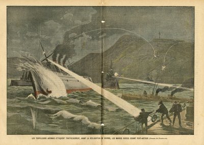 Ilustrace Eugene Damblans (1865-1945) v Le Pelerin, 21/02/04 - Japonské torpédové útoky na ruské lodě před vyhlášením války před vyhlášením války - Rusko, Japonsko, námořní mořské pobřeží, Port Arthur, rusko-japonská válka , válečné lodě od Eugene Damblans
