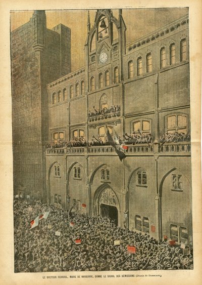 Ilustrace Eugene Damblans (1865-1945) v Le Pelerin, 23.06.07 - Doktor Ferroul, starosta Narbonne, dává signál demisí - Sociální, městská architektura, Víno, Vzpoury Emutů, Vinná krize Vineyard Revolte des vignerons, Narbonne, starosta, Fer od Eugene Damblans