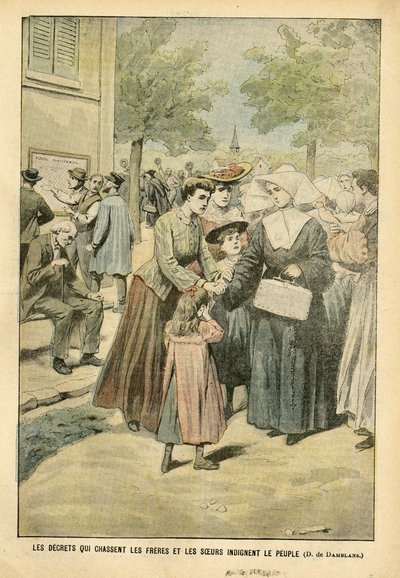 Ilustrace Eugene Damblans (1865-1945) v Le Pelerin, 24. 7. 2004 - Dekrety, které vyhánějí bratry a sestry rozhořčující lid - Učení, Náboženství Víra, Dav, Katolicismus - Odluka církve a státu, Vystěhování řeholníků, Vyučovat v od Eugene Damblans