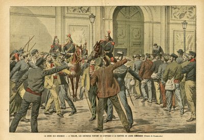 Ilustrace Eugene Damblans (1865-1945) v Le Pelerin, 26. 11. 05 - Stávka arzenálů V Toulonu se grevisté snaží vzdorovat rentu svých soudruhů - Social, Greve, Architecture Urbanism, Maritime Marine Nautical Balneaire, Toulon, Arsenal ar od Eugene Damblans