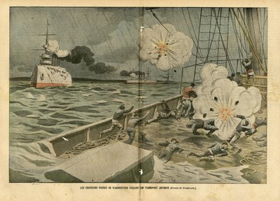 Ilustrace Eugene Damblans (1865-1945) v Le Pelerin, 28/02/04 - Ruské křižníky Vladivostoku potopily japonský transport - Armee, Námořní mořské pobřeží, Rusko-japonská válka, Válečné lodě, Vladivostok - Námořníci, námořníci od Eugene Damblans