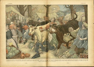 Ilustrace Eugene Damblans (1865-1945) v Le Pelerin, 28. 3. 37 - Velký každoroční veletrh Lezay poblíž Niortu - různá fakta, ekonomika, dav, obchody, zemědělství, luštěniny - kráva, hovězí maso, cestující prodejce Camelot od Eugene Damblans