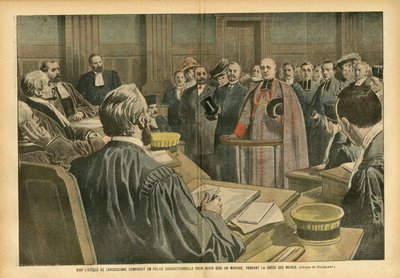 Ilustrace Eugene Damblans (1865-1945) v Le Pelerin, 28/07/07 - předvečer MGR Carcassonne přirovnán jako nápravná policie za to, že požehnal manželství během stávky starostů - proces spravedlnosti, náboženství, víra, manželství, Carcassonne, katolík Cath od Eugene Damblans