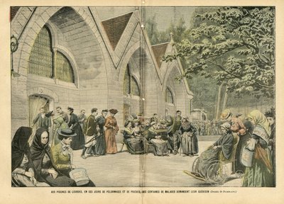 Ilustrace Eugene Damblans (1865-1945) v Le Pelerin, 28/08/04 - U bazénů v Lourdes, v těchto dnech pelerináží a modliteb, stovky pacientů žádají o svou válku - Lékařství, Náboženství Víra, Architektura Městské plánování , katolický katolík od Eugene Damblans