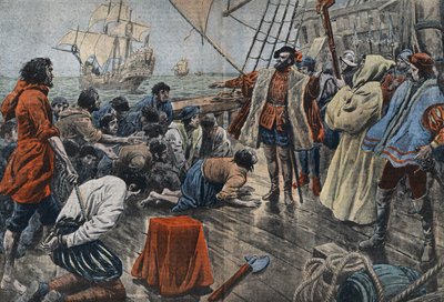 Ilustrace posádky Ferdinanda de Magellan, která mu po neúspěšné vzpouře přísahá na kříži věrnost - Fernand de Magellan (1480-1521), portugalský mořeplavec uklidňuje pobuřování své posádky a poté, co mu odpustí, ho přinutí přísahat věrnost od Eugene Damblans