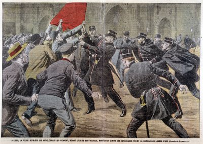 V Lille policie odrazuje antikleriky, kteří přicházejí před kostel svatého Maurice protestovat proti katolíkům oslavujícím Johanku z Arku - kresba Damblans v „“Le Pelerin“ od Eugene Damblans