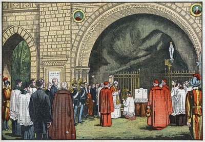 Před „Grotto de Lourdes“ ve vatikánských zahradách požehnal papež Pius XI. Ilustrace Damblans. V „Le Pelerin“ 3. června od Eugene Damblans