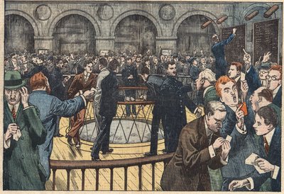 Vnitřní pohled na pařížskou burzu. Ilustrace Damblans. V „“Le Pelerin““ z 5. prosince od Eugene Damblans