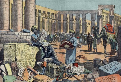Jean Francois (Jean-Francois) Champollion (1790-1832), francouzský egyptolog, studující nápis mezi kolonádami v Thébách. Rytina z roku 1923. Kresba Damblans. od Eugene Damblans